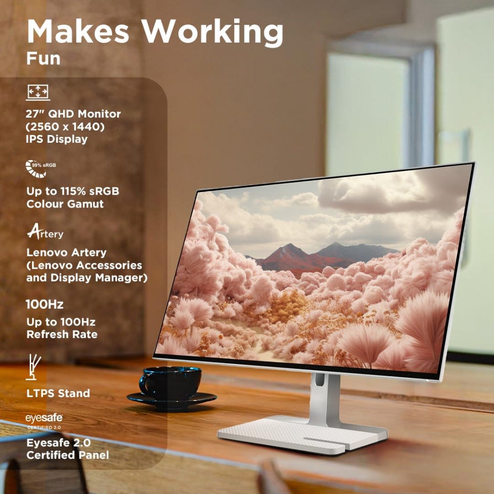 Lenovo L27h-4A 27" QHD Monitor, Integrated Speakers, Tilt/Swivel/Pivot/Height Adjustable Stand, Cloud Grey