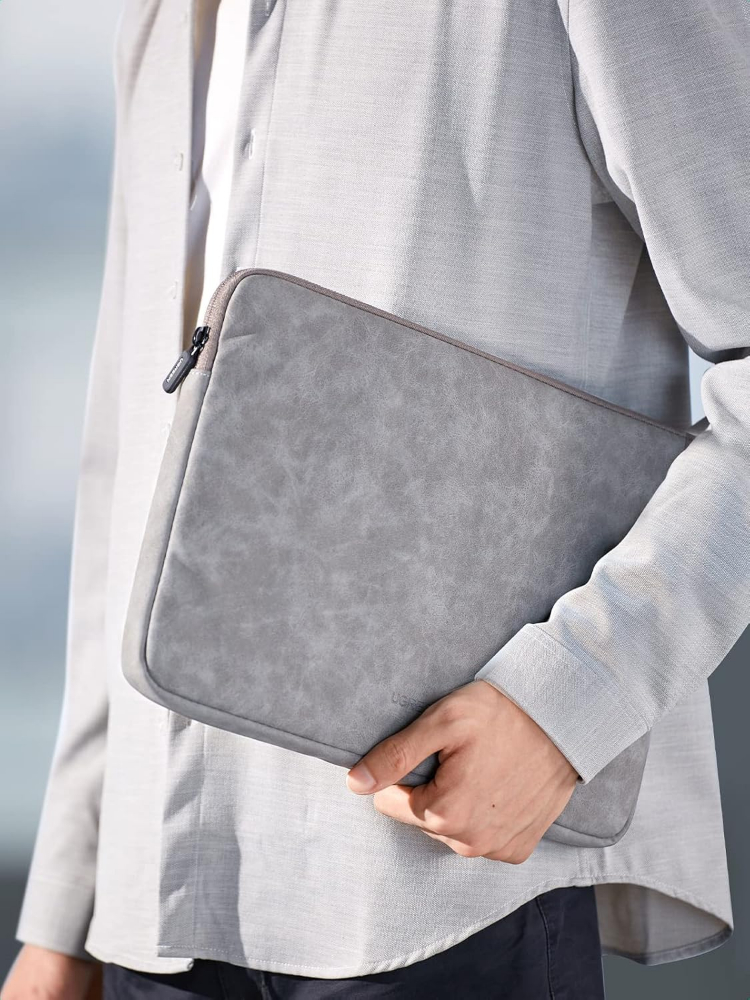 UGREEN 13.3 Inch Laptop Case PU Suede Leather Soft Padded Zipper Cover Sleeve Case Compatible with MacBook Air/ Pro  Water Resistant Bag Protective Briefcase, Gray