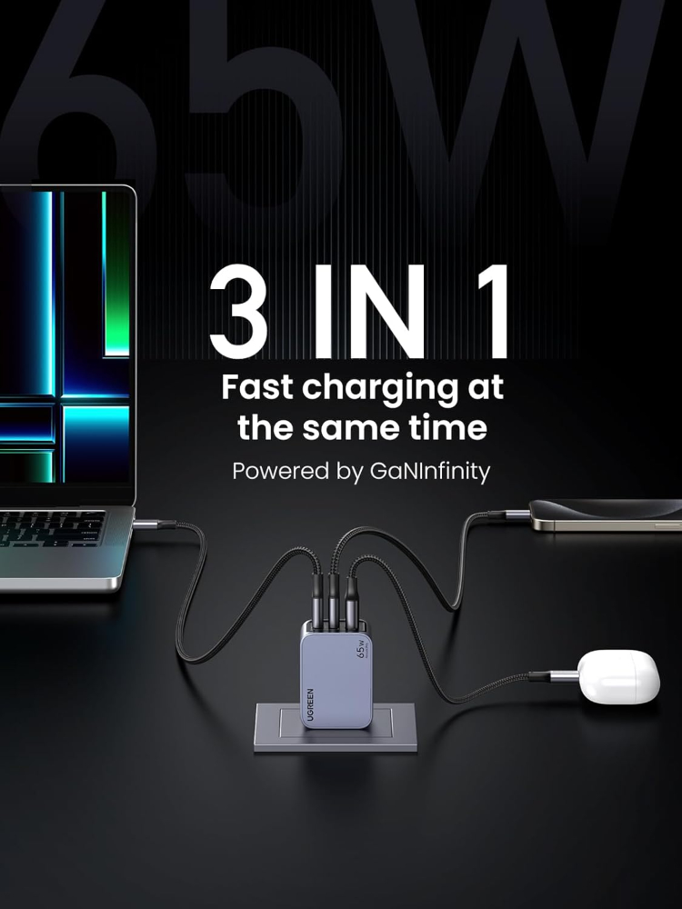 UGREEN Nexode Pro 65W 3-Port GaN Fast Charger UK (Grey) + 1.5M 100W USB-C Cable