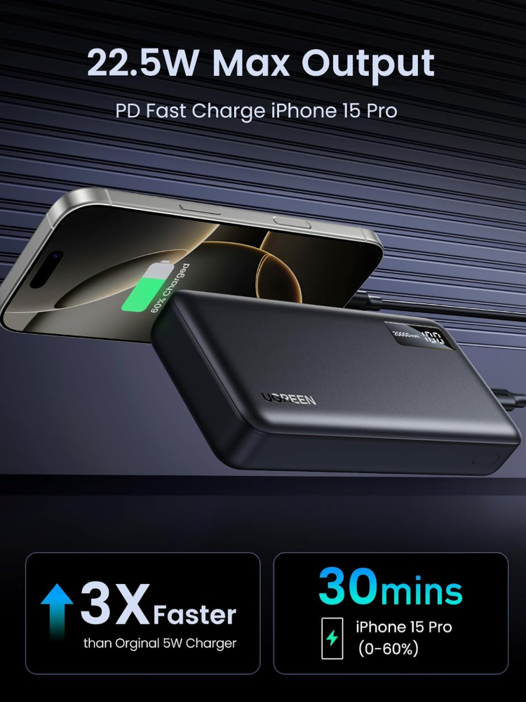 UGREEN Power Bank, 20000mAh 22.5W Portable Charger USB C Input&Output PD 3.0 Fast Charging Battery Pack with Digital Display