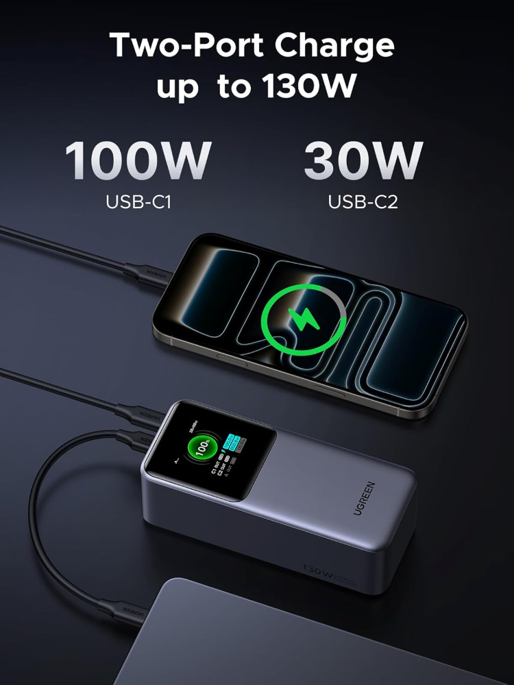 UGREEN Nexode Power Bank 20000mAh 130W Portable Charger 72Wh PD Fast Charging 3-Port USB C Battery Pack with TFT Smart Display