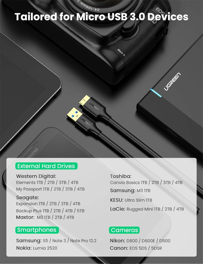 UGREEN USB-A 3.0 to Micro USB 3.0 Male Cable (0.5m, Black)