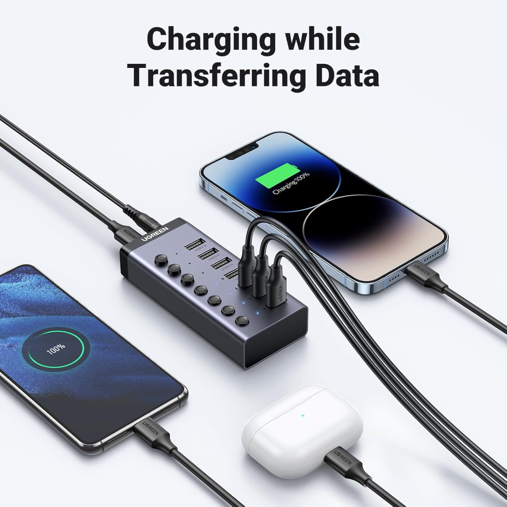 UGREEN Powered USB 3.0 Hub, 7-Port USB Adapter with 4 Smart Charging Ports, USB Splitter with Individual Led On/Off Switches and Power Adapter