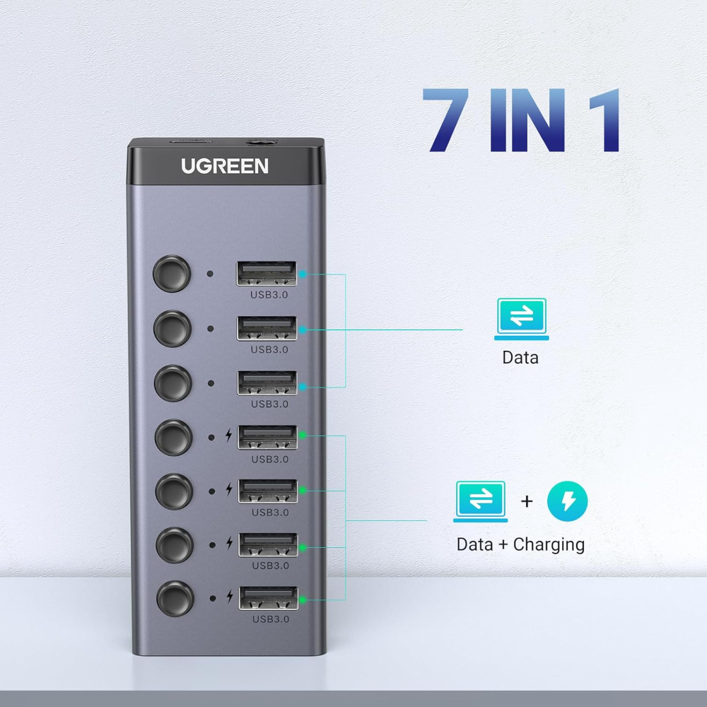 UGREEN Powered USB 3.0 Hub, 7-Port USB Adapter with 4 Smart Charging Ports, USB Splitter with Individual Led On/Off Switches and Power Adapter