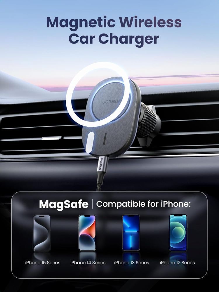 UGREEN Wireless Car Charger Stand Compatible with MagSafe Car Mount Charger, Qi 15W Air Vent Phone Holder Fast Charge