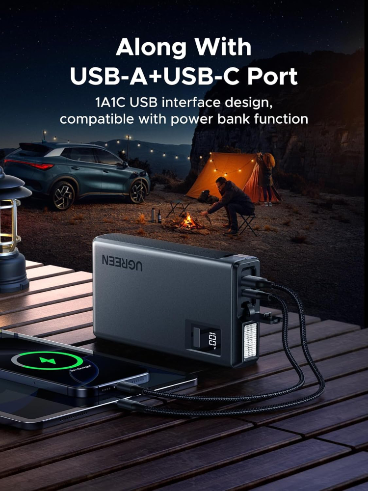 UGREEN Jump Starter Power Pack 1000A Car Battery Booster for 6.0L Gasoline and 3.5L Diesel Engines 12000mAh Portable Power Bank and Jump Leads with Digital Screen and LED Light for Emergency