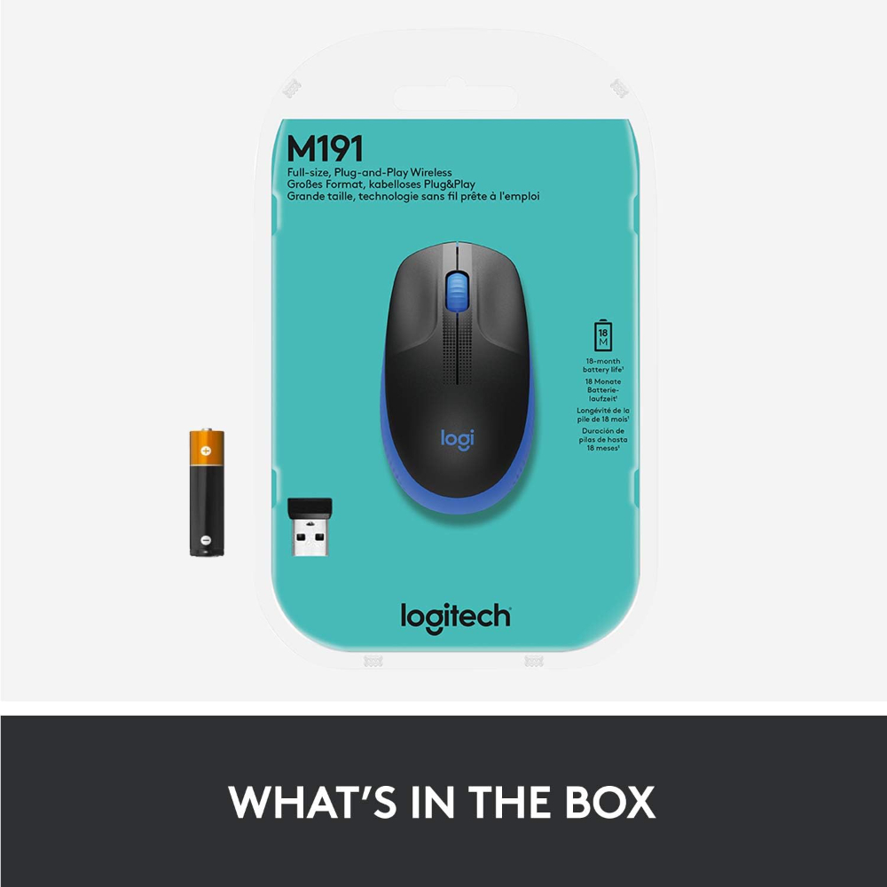 Logitech Wireless Mouse M191 Full Size Ambidextrous Curve Design, 18 Month Battery With Power Saving Mode, Precise Cursor Control & Scrolling, Wide Scroll Wheel, Thumb Grips Blue