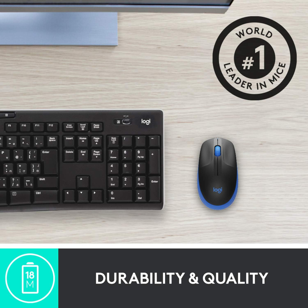 Logitech Wireless Mouse M191 Full Size Ambidextrous Curve Design, 18 Month Battery With Power Saving Mode, Precise Cursor Control & Scrolling, Wide Scroll Wheel, Thumb Grips Blue