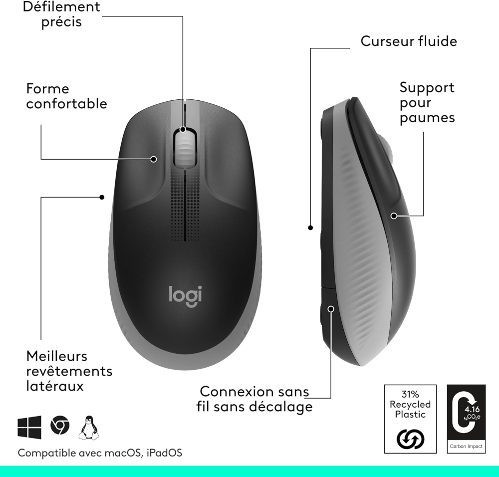 Logitech M190 Wireless Mouse, Ambidextrous Design, 18 Months Battery Life with Power Saving Mode, USB Receiver, Precise Cursor Control + Scroll, Wide Scroll Wheel - Grey