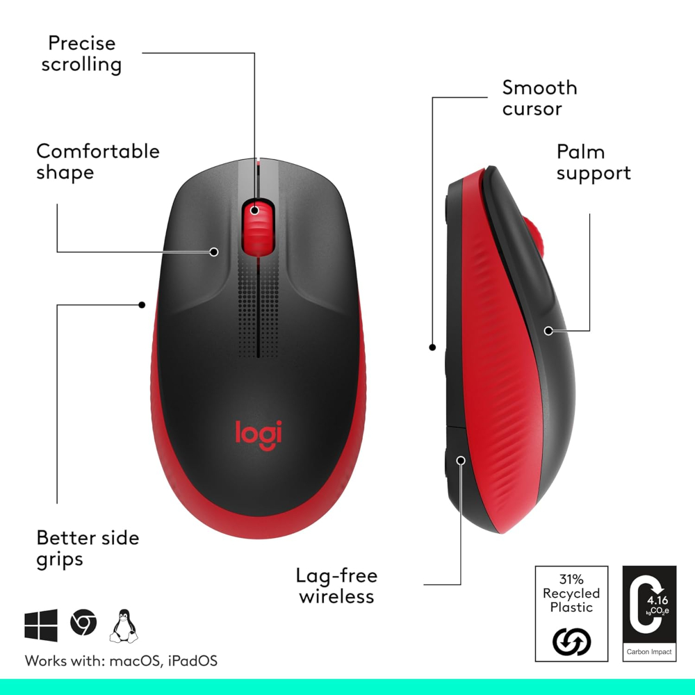Logitech M190 Wireless Mouse, Full Size Ambidextrous Curve Design, 18-Month Battery with Power Saving Mode, USB Receiver, Precise Cursor Control + Scrolling, Wide Scroll Wheel, Scooped Buttons -Red