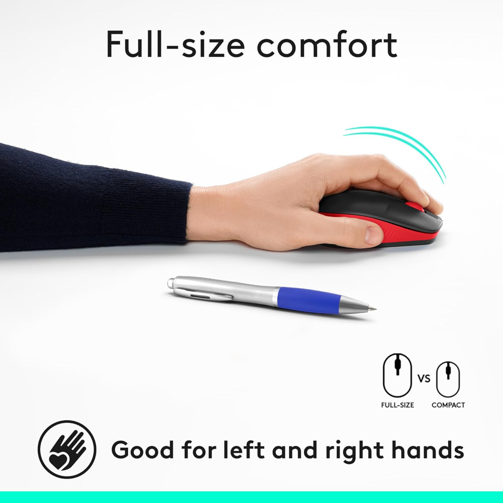 Logitech M190 Wireless Mouse, Full Size Ambidextrous Curve Design, 18-Month Battery with Power Saving Mode, USB Receiver, Precise Cursor Control + Scrolling, Wide Scroll Wheel, Scooped Buttons -Red