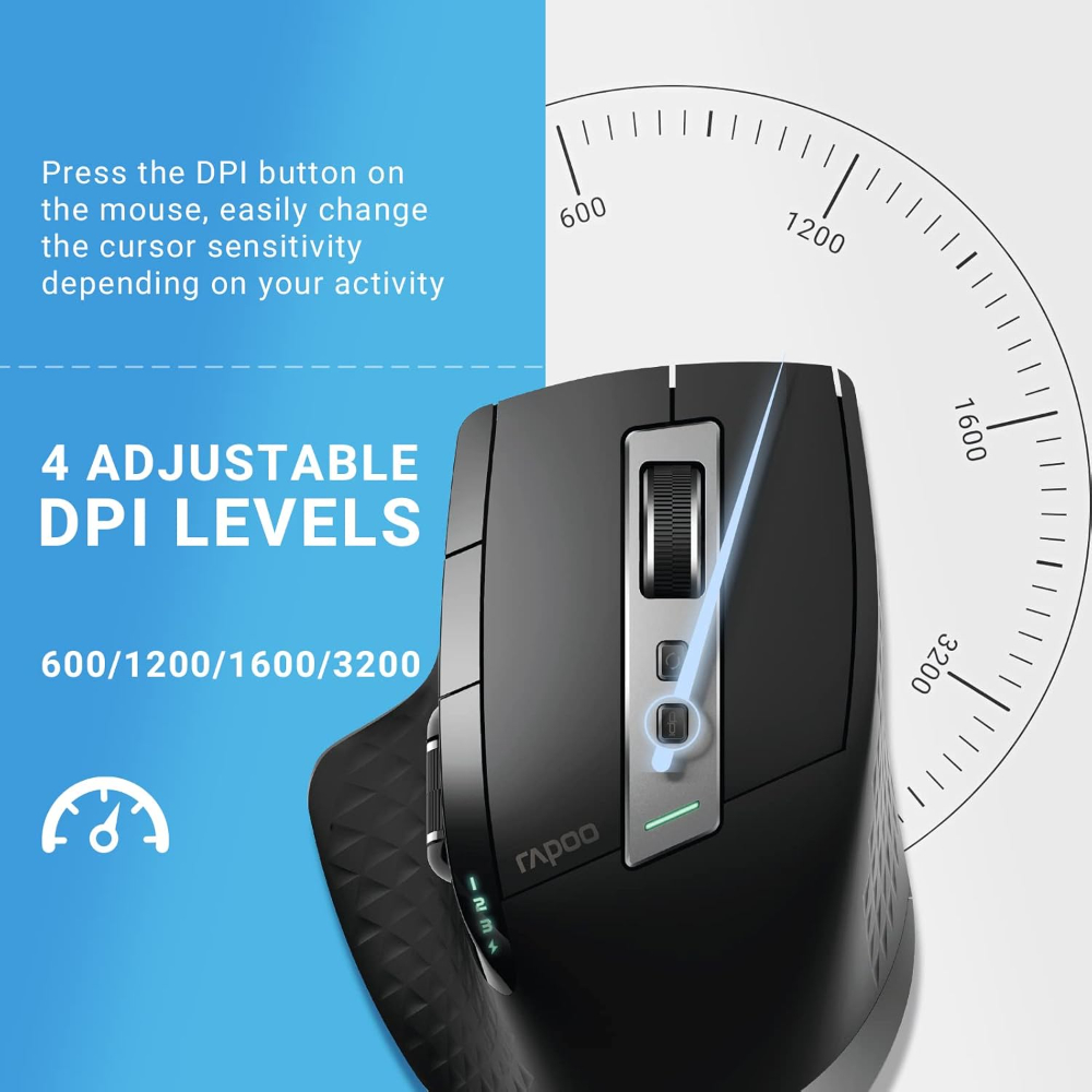 Rapoo MT750S Wireless Mouse with High-Precision Sensor, Easy-Switch Up to 4 Devices, Ergonomic Design, Rechargeable Bluetooth Mice with 4 Levels Adjustable DPI, Black (Black)