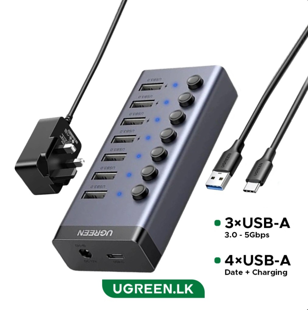 UGREEN Powered USB Hub 3.0, 7-Port USB Adapter with 4 Smart Charging Ports, USB Splitter with Individual Led On/Off Switches and Power Adapter, USB Ports Extender for Laptop PC