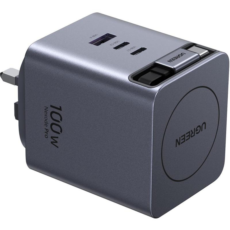 UGREEN Nexode 100W GaN USB C Retractable Charger with Built-in Cable, 3-Port Fast Charging Wall Adapter for Laptop, MacBook Pro/Air/Neo, iPhone 17/16, Galaxy S26, Pixel, iPad,